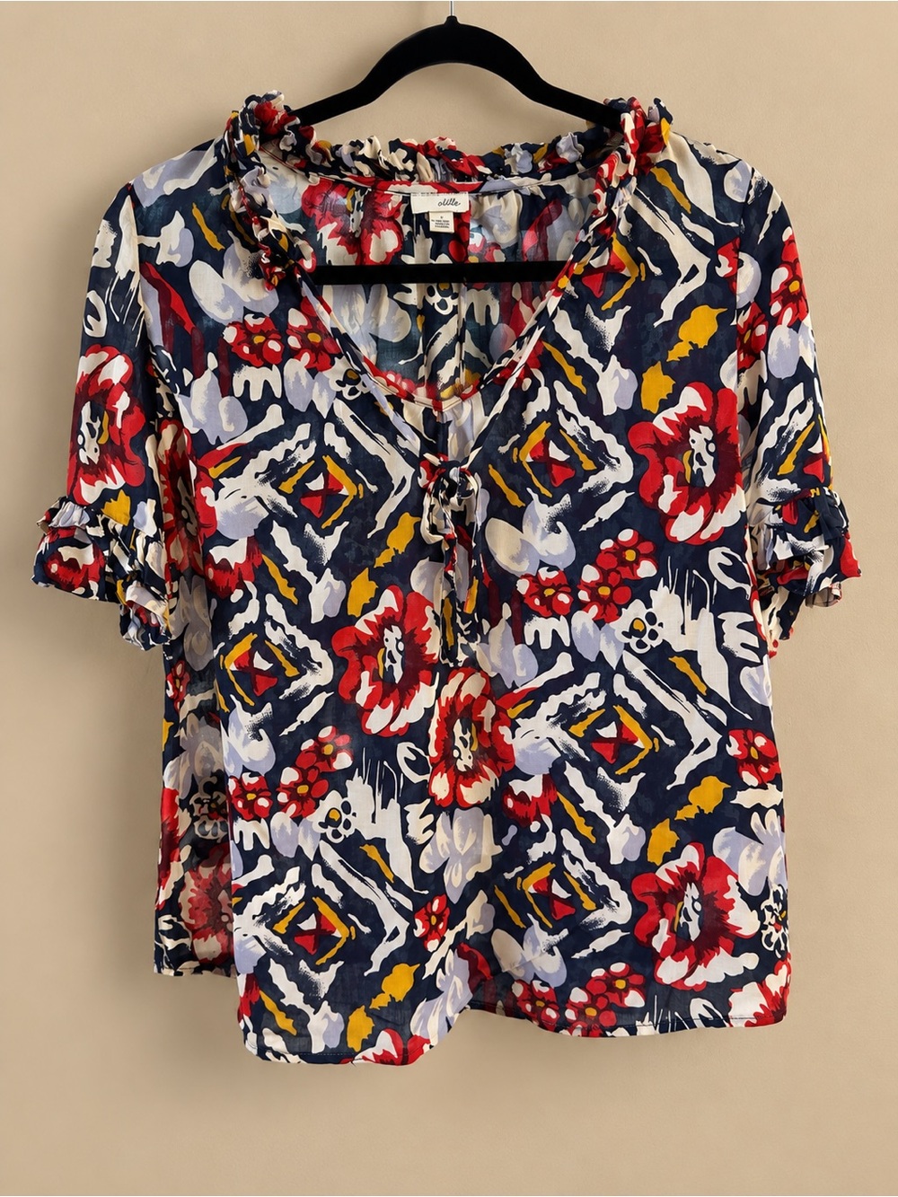 Odille Navy Floral Tie-Front Ruffle Sleeve Blouse